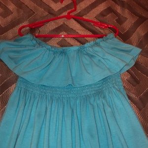 Long blue strapless sundress.
